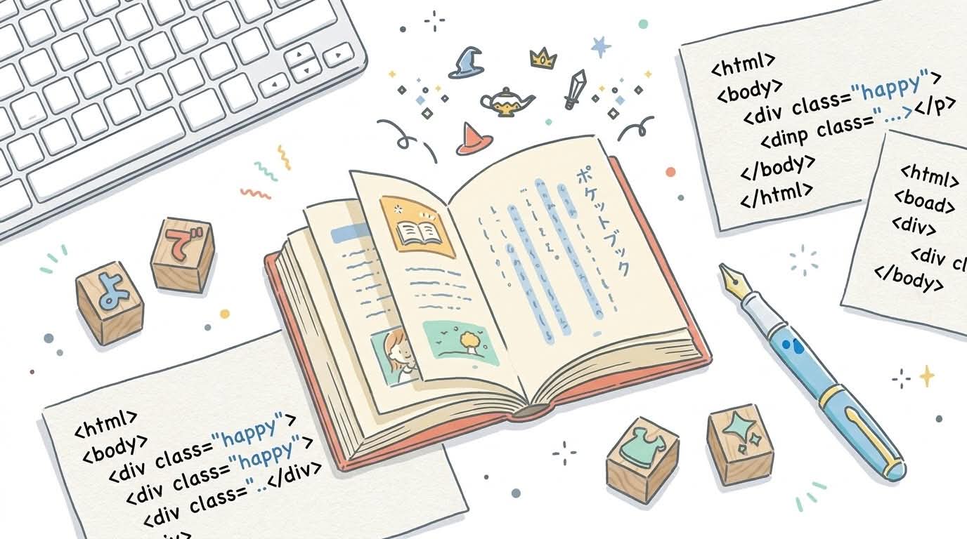 ルビに関する様々な要素を配置した俯瞰構図、書籍・活字・デジタルツールが並ぶ様子